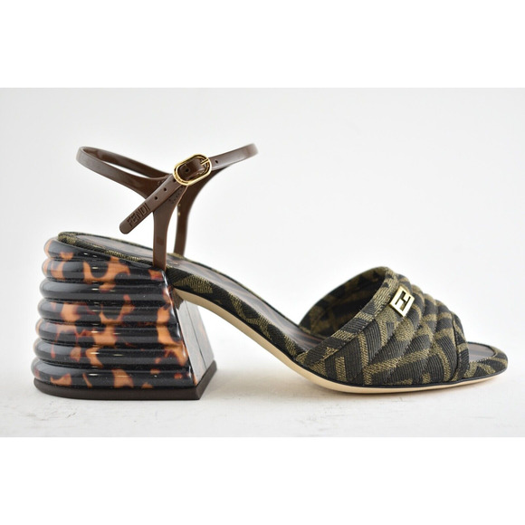Fendi Dark Brown FF Motif Logo Ankle Strap Sandal Peep Toe Block Heel Pump 36 - Picture 2 of 8